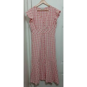 Ann Taylor Loft Womens size 10 gingham plaid peach white maxi button front dress